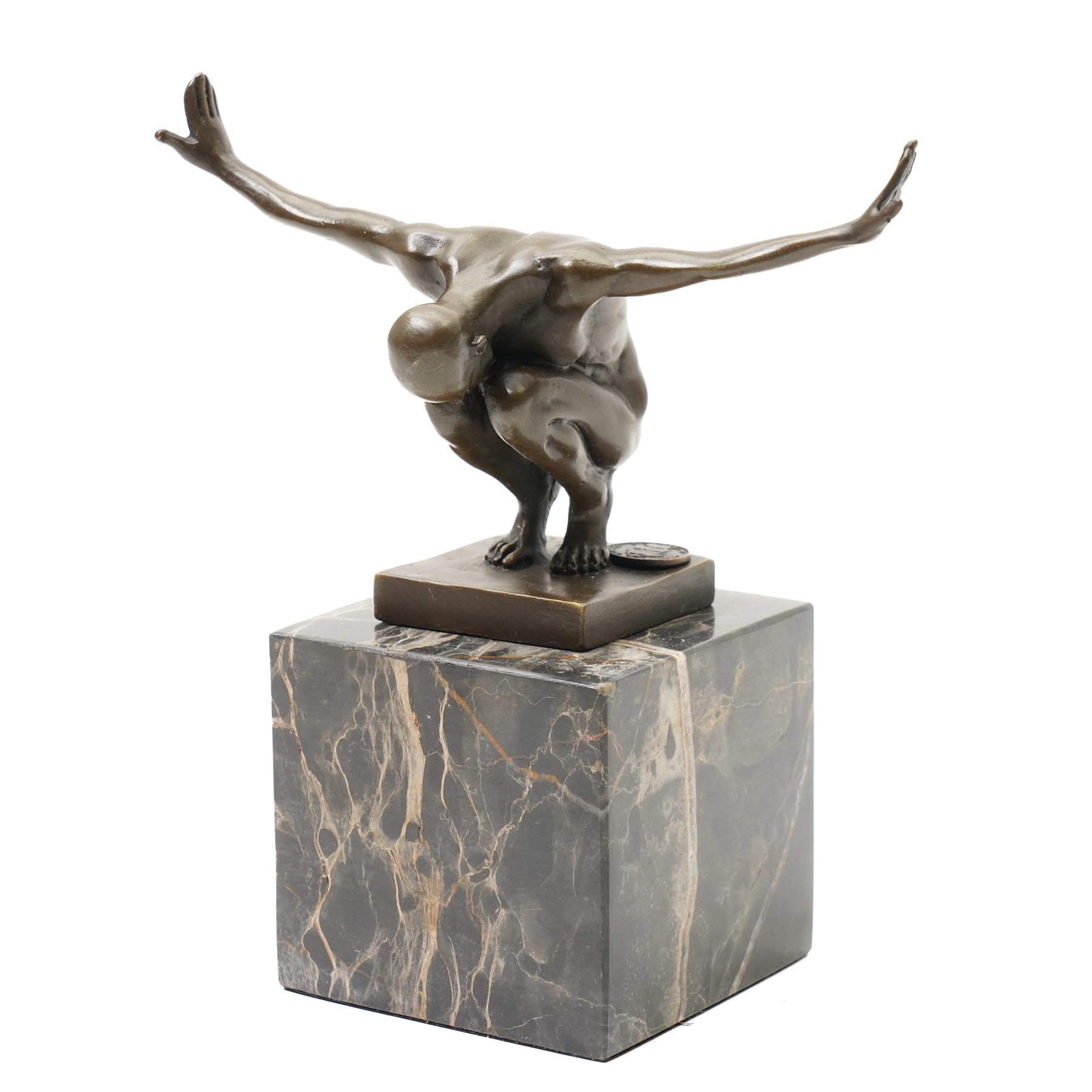 After Miguel Fernando Lopez (Portugese Contemporary):  Power of Silence, bronze modelled as a athlete crouched with arms outstretched, signed Milo, upon two tone marble plinth, overall H15cm