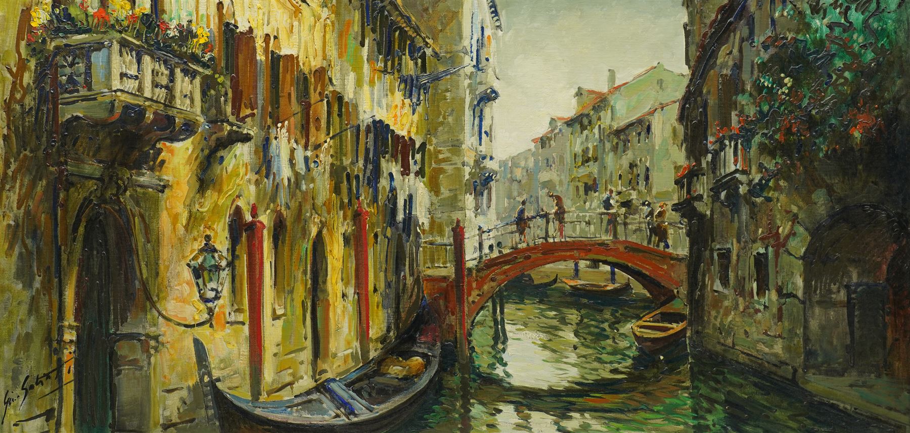 Italian Impressionist School (Mid-20th century): Venetian Canal Scene with Gondoliers, oil on board signed 58cm x 118cm