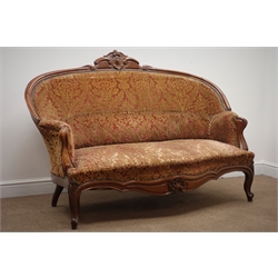  19th century walnut framed two seat serpentine sofa, carved cresting rail, upholstered in embossed fabric, shaped apron, cabriole legs, W160cm  
