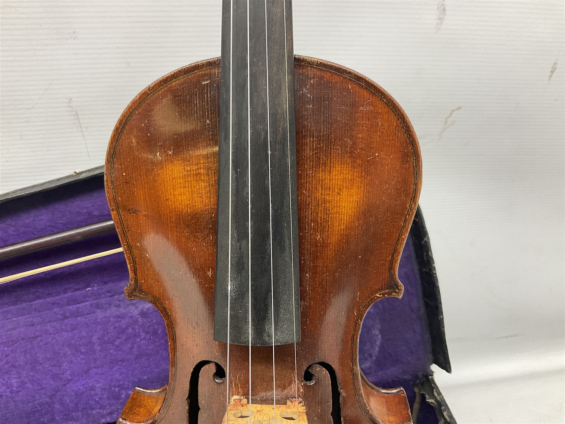 German trade violin c1900 the 36cm two-piece maple back impressed 'Stainer', maple ribs and spruce top, bears label 'Jacobis Stainer in Absam prope Oenipontum 17**' L59cm; in carrying case marked 'The Improved Dome' with bow
