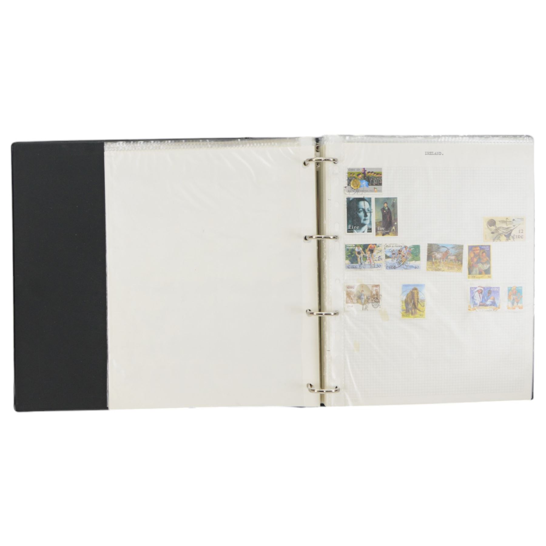 World stamps including Aden, Brunei, Rwanda, Spain, Ireland, Italy, Japan, Hungary, Germany, France, Portugal, Namibia, Netherlands, New Zealand, St Lucia, Malaysia etc, housed in ten ring binder folders
