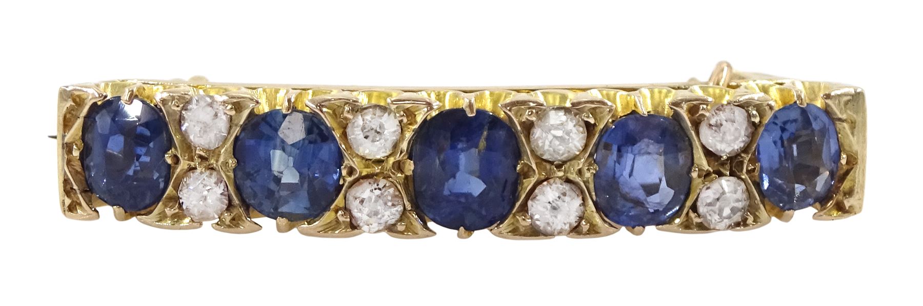 Early 20th century 10ct gold graduating five stone oval cut sapphire and old cut diamond brooch, total sapphire weight approx 2.00 carat