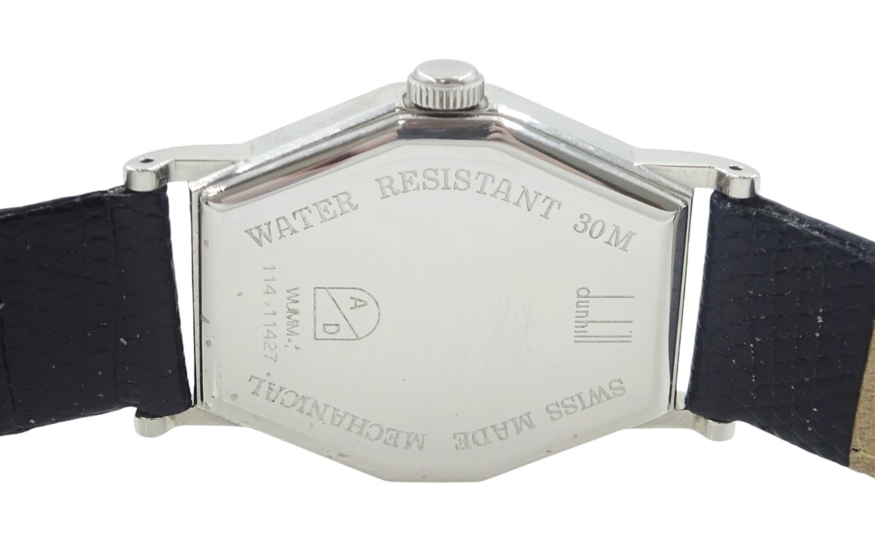 Alfred Dunhill gentleman's stainless steel manual wind wristwatch, silvered octagonal dial with Arabic hour markers, on original black leather strap, with original buckle, boxed