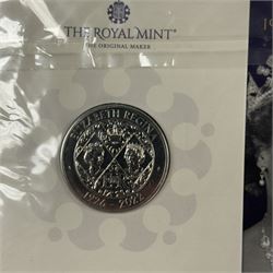 Nineteen The Royal Mint United Kingdom uncirculated commemorative coins or sets, including Queen Elizabeth II 1989 '1689 1989' two pounds, 2001 'Victorian Anniversary' crown, 2003 'Coronation Jubilee' five pounds, 2004 'Britain's new coinage' three coin set, 2005 'The End of WWII' two pound, 2006 'Her Majesty Queen Elizabeth II Eightieth Birthday', 2015 'The Royal Navy' two pounds, 2016 'The Last Round Pound', 2022 '1926-2022' five pounds, King Charles III 2023 'The Coronation' five pounds etc