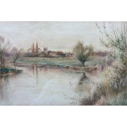 Charles Henry Clifford Baldwyn (British 1859-1943): River Landscape with Church, watercolour signed 30cm x 45cm 
Notes: Baldwyn was a Worcester artist, starting work at the Royal Worcester porcelain factory at the age of 15. He was most famous for his beautiful paintings of swans in flight.