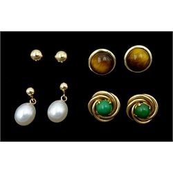 Four pairs of 9ct gold stud earrings, including pearl and tiger's eye