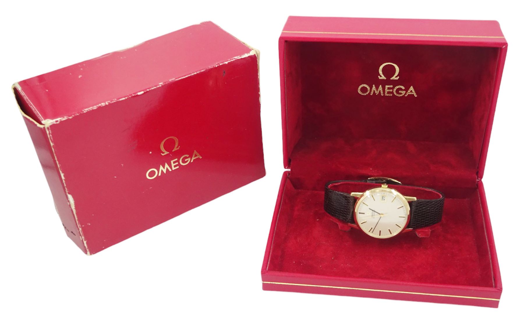 Omega gentleman's 9ct gold automatic wristwatch, silvered dial with baton hour markers and date aperture, on Omega brown leather strap, with Omega gold-plated buckle, boxed