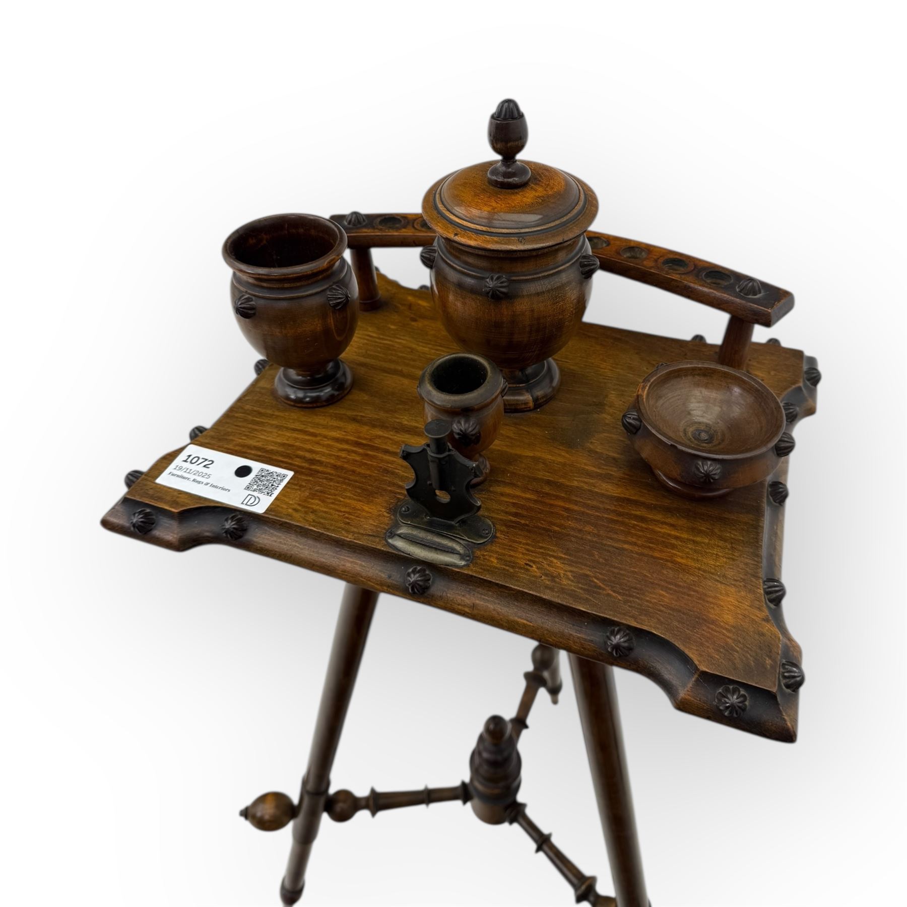 Victorian oak smoker’s companion stand, moulded rectangular top with fitted smoking accessories including urn and bowl, on turned tripod base with finial stretcher