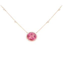 18ct rose gold pink tourmaline and diamond pendant necklace, oval cut tourmaline of 15.41 carat, surrounded by round brilliant cut diamonds, to a trace link chain necklace set with four diamonds, stamped 750, total diamond weight 1.22 carat, with World Gemological Institute report