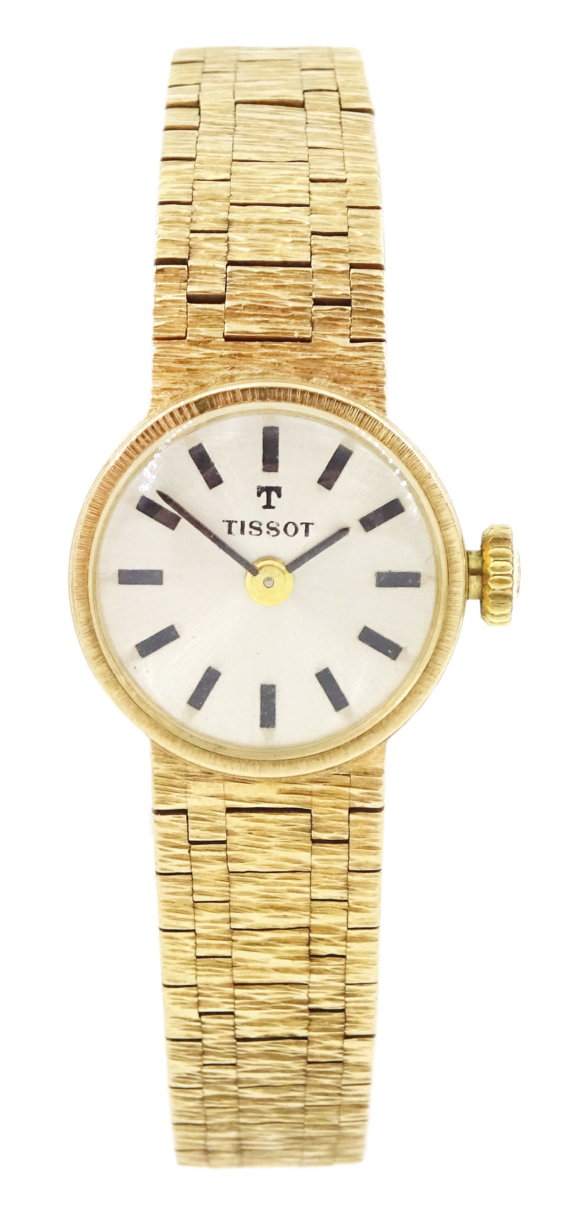 Tissot ladies 9ct gold manual wind wristwatch, silvered dial with baton hour markers, on integral 9ct gold bracelet, London 1972