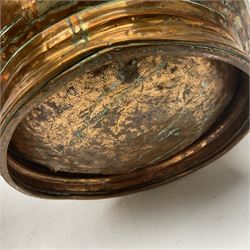 20th century brass carriage lantern, with six glass panels and eagle finial, together with a copper coal scuttle and hammered copper vase, lantern H77cm