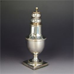 George III silver sugar caster of waisted urn form, the pierced removable cover with bun f...
