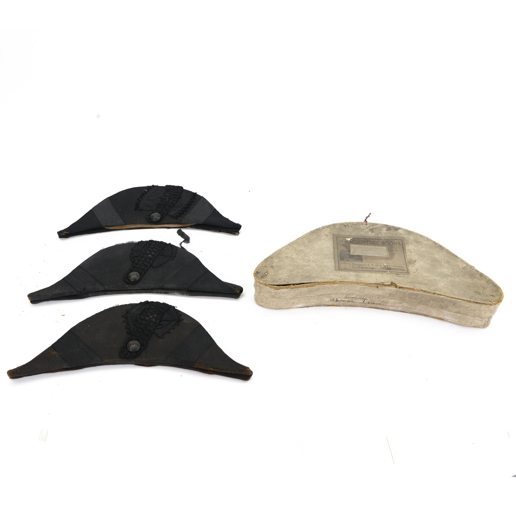 Two bicorn hats by W. Rowntree & Sons, Scarborough, together with one other, all within a W. Rountree & Sons box 