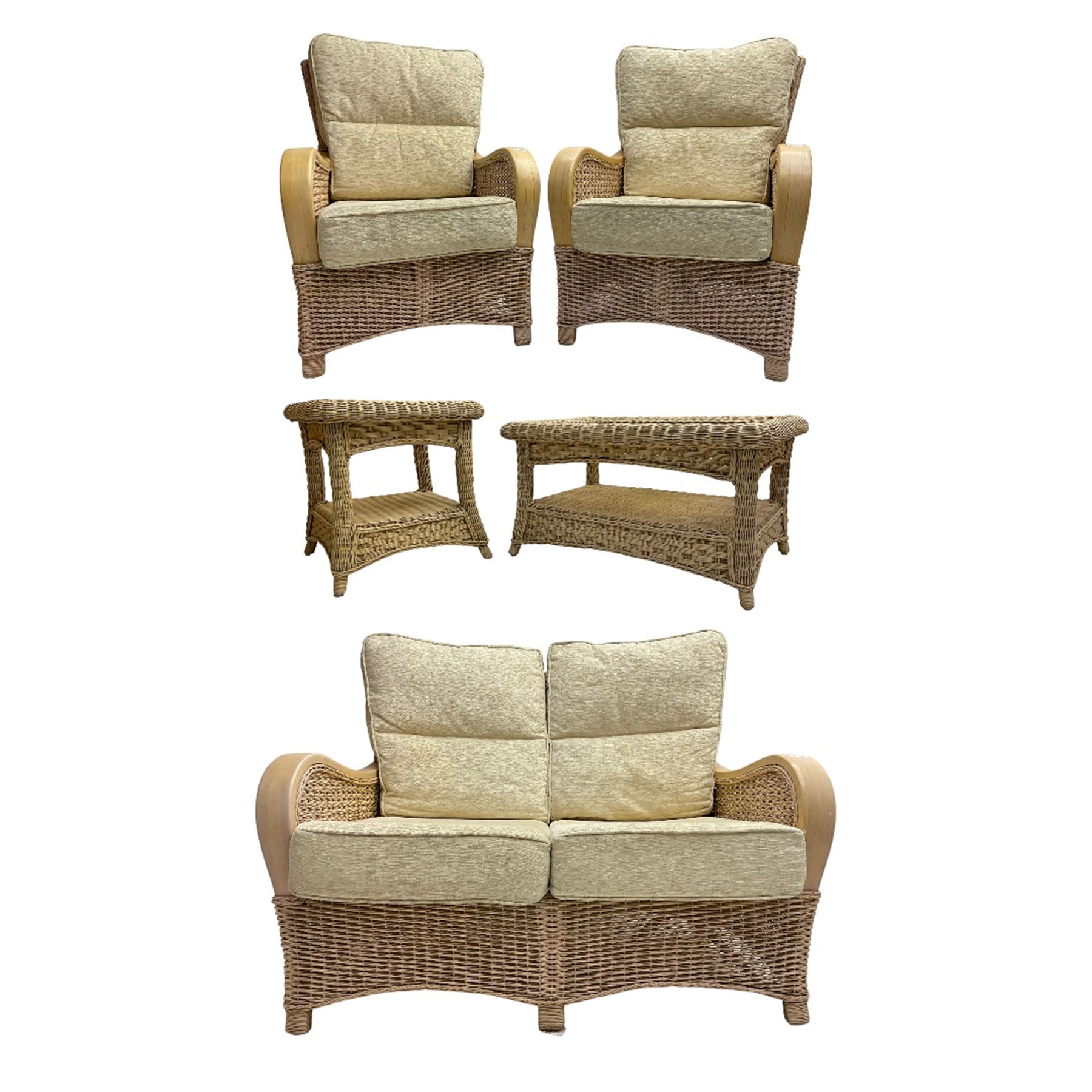 Contemporary rattan conservatory suite - two seat sofa with wicker frame and loose cushions upholstered in textured champagne fabric (W125cm H98cm); pair of matching armchairs (W72cm H98cm); rectangular glass-topped coffee table with rattan frame and undertier (W85cm D60cm H47cm); and matching square side table (W53cm H55cm)