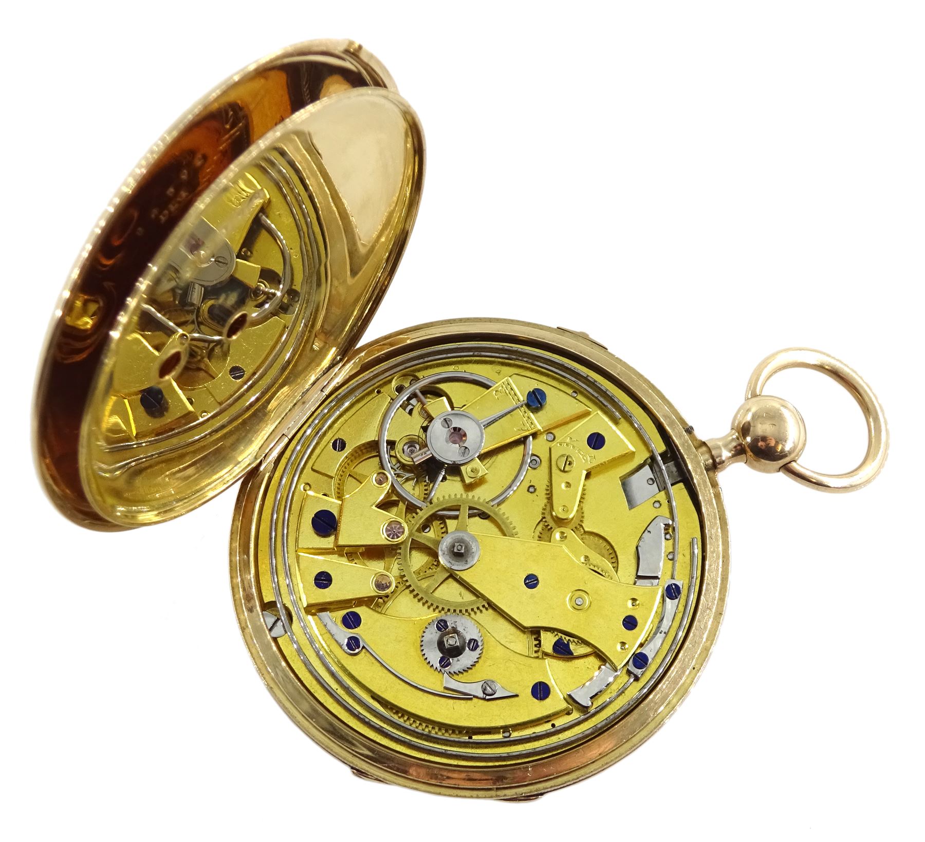 18ct gold open face key wound quarter repeating Swiss lever pocket watch by Garni en Pierre, No. 5090, the gold dust cover inscribed 'Echappement Libre a Ancre', plunge repeat in the pendant, silver engine turned dial with Roman numerals and subsidiary seconds dial