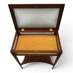 Edwardian inlaid mahogany bijouterie display table, square tapering supports inlay, orange baize lining shaped undertier
