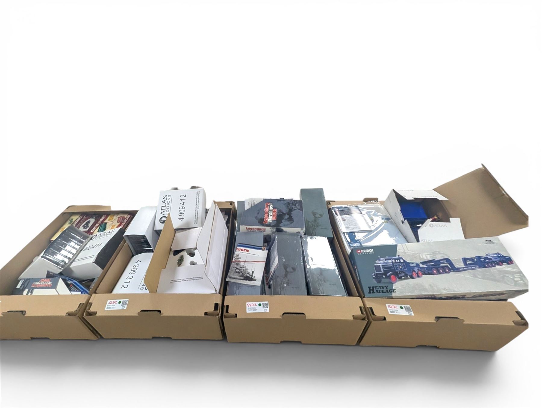 Corgi Heavy Haulage 1:50 scale Pickfords Scammell Constructors and Low Loader, boxed together with a collection of Atlas Editions diecast models, including military aircraft, Great British Buses, Legendary Warships, etc all boxed