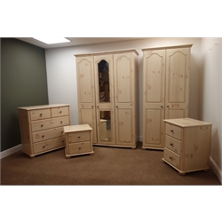  Savannah washed pine bedroom suite comprising a triple wardrobe with mirror (W127cm, H192cm, D56cm), a double wardrobe (W87cm, H192cm, D56cm), a chest with two short and three long drawers (W91cm, H90cm, D48cm)  and two bedside chests  