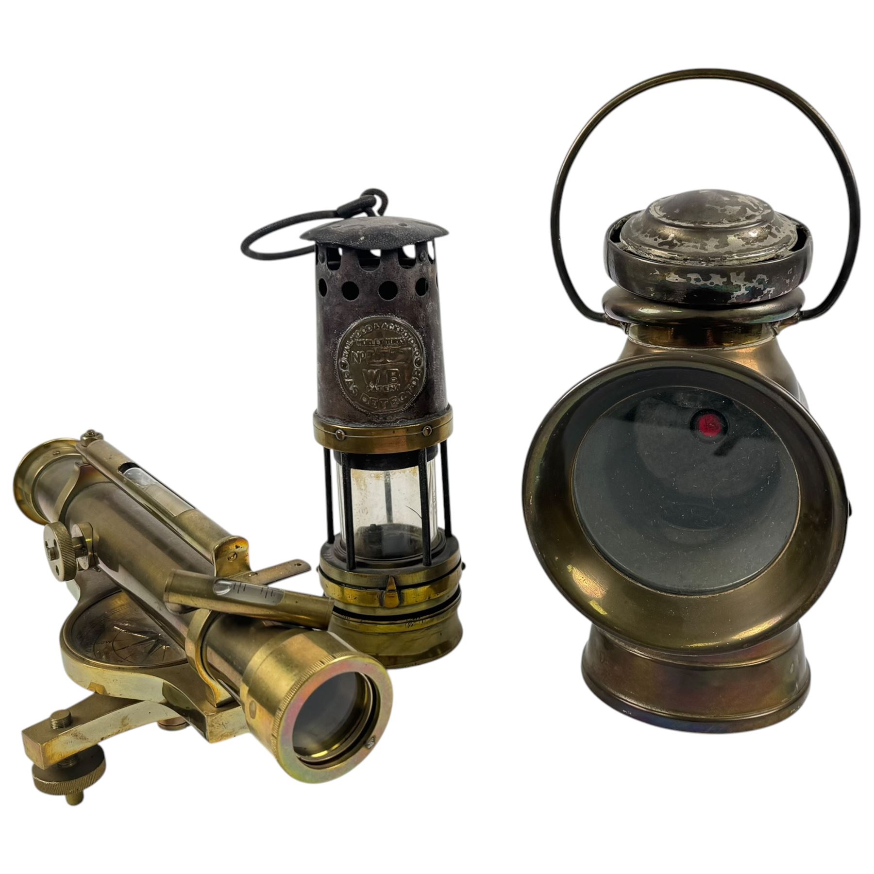 Brass railway lantern, Hailwood & Ackroyd WB patent miners lamp, brass theodolite and a telescope