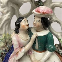 20th century Clarice Cliff Bizarre Crocus pattern bowl, printed marks beneath, D13cm, Staffordshire figure group, and a small tea bowl