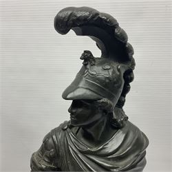After Edouard Drouot pair of bronzed figures modelled as Roman soldiers, wearing plumed helmets and typical dress, signed E Drouot to the base, each raised on a circular base, H48cm