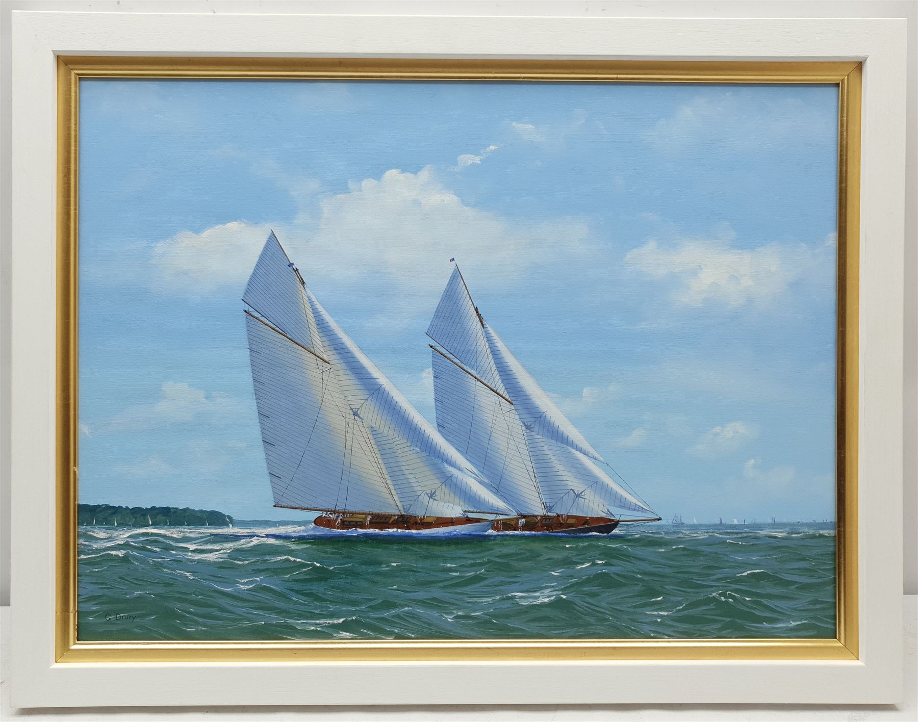 George Drury (British 1950-): J Class Yachts 'Britannia' and 'Valkyrie III' 1895, oil on canvas board signed, titled verso 42cm x 57cm
