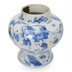 19th century Chinese blue and white jar, of pronounced baluster form, decorated in the Hundred Boys design, with numerous children at play, H23cm

The hundred boys design was a popular theme in Chinese Art employed from the Song period onwards. It expresses the desire to continue the family through male heirs and the performance of filial duties