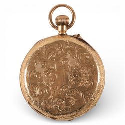 
Early 20th century 18ct gold open face keyless cylinder pocket watch, white enamel dial with Roman numeral hour markers, engraved foliate case, stamped 18K with Helvetia hallmark