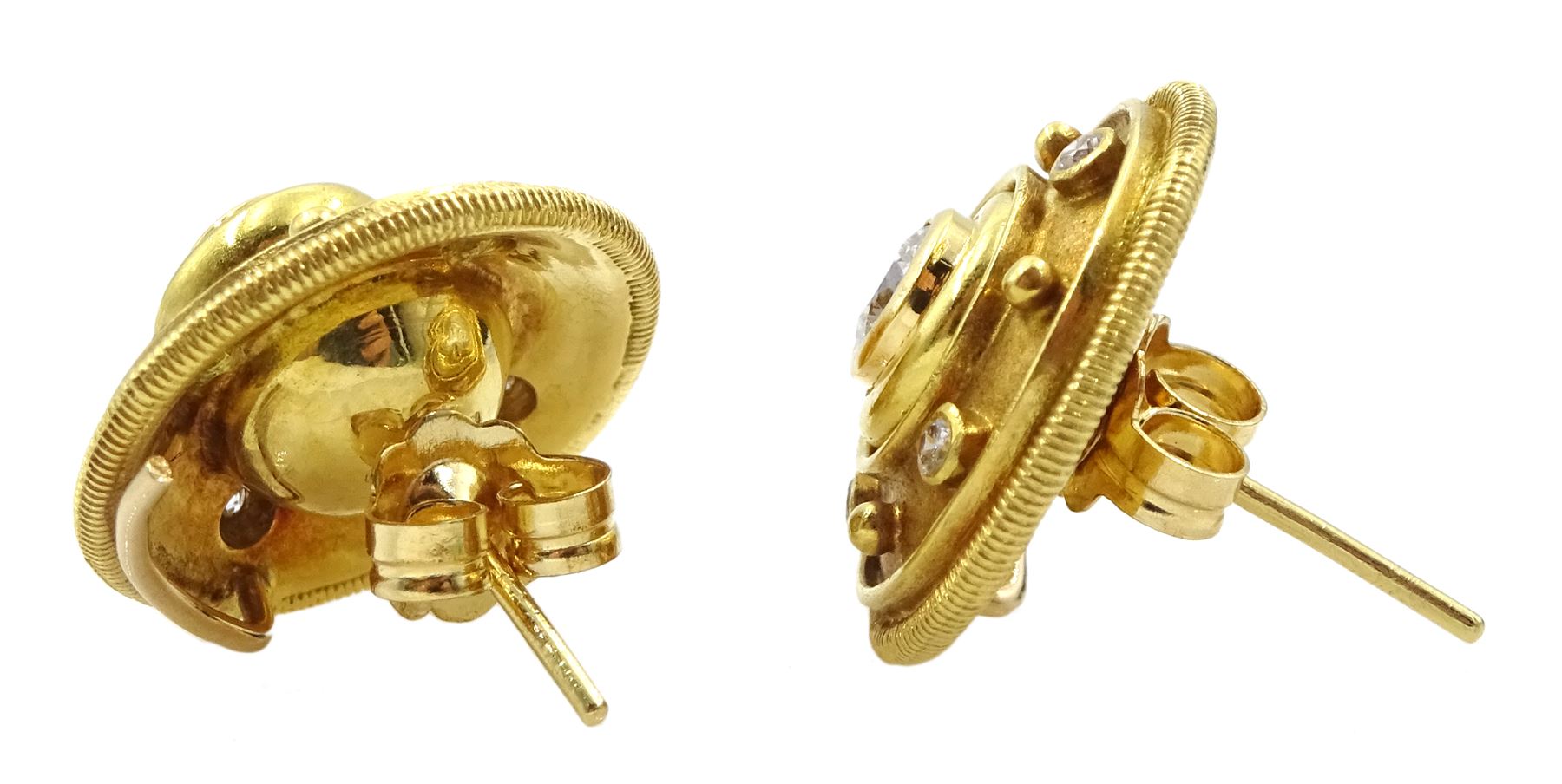 Pair of Cassandra Goad 18ct gold Theresa diamond interchangeable stud earrings, central round brilliant cut diamonds of approx 0.50 carat total, each with removable four stone diamond set decimus halo, from the Damascus range, hallmarked, cased