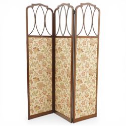 Edwardian inlaid mahogany three-fold screen, each panel with shaped cresting and satinwood...