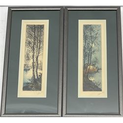 Continental School (20th century): Moonlit Riverscapes, pair coloured etchings indistinctly signed 22cm x 6cm (2)