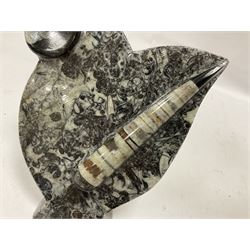 Small Goniatite and Orthoceras sculpture, within a polished and shaped matrix, H20cm