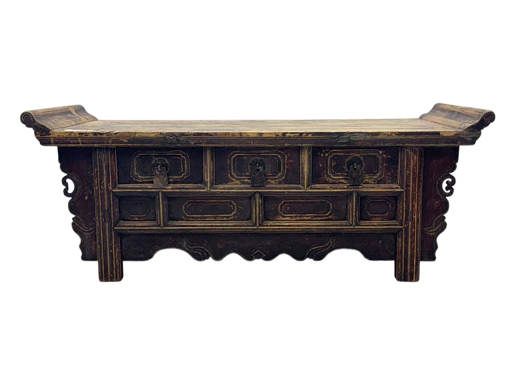 Mid-19th century elm low altar table, rectangular top with scrolled ends, fitted with three small drawers, pierced and scroll carved brackets, on square moulded supports 