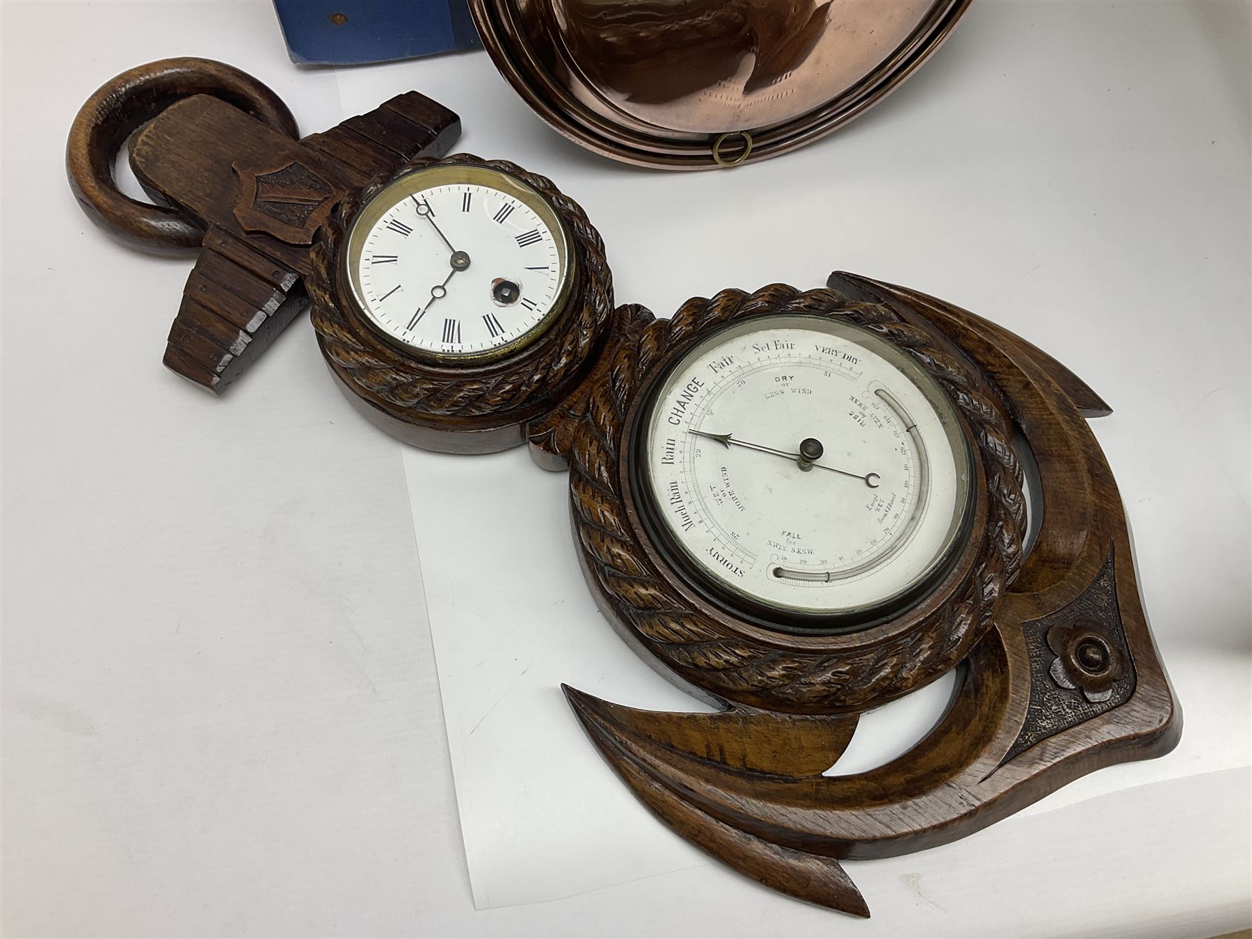 Silver Cross style dolls pram, copper warming pan with turned wooden handle, family Bible, Whitby Ordnance Survey maps etc, and a wooden barometer in the form of an anchor