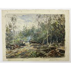Frederic Stuart Richardson (Staithes Group 1855-1934): 'Hauling Timber above Gatcombe - Long Ashton' Somerset, set three watercolours signed in the margin, titled verso 21cm x 29cm (3) (mounted)