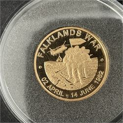 'The Falklands War 1982 2022' gold 1/4oz commemorative trio, each medallion being 7.98 grams of 22ct gold, cased with certificate 
