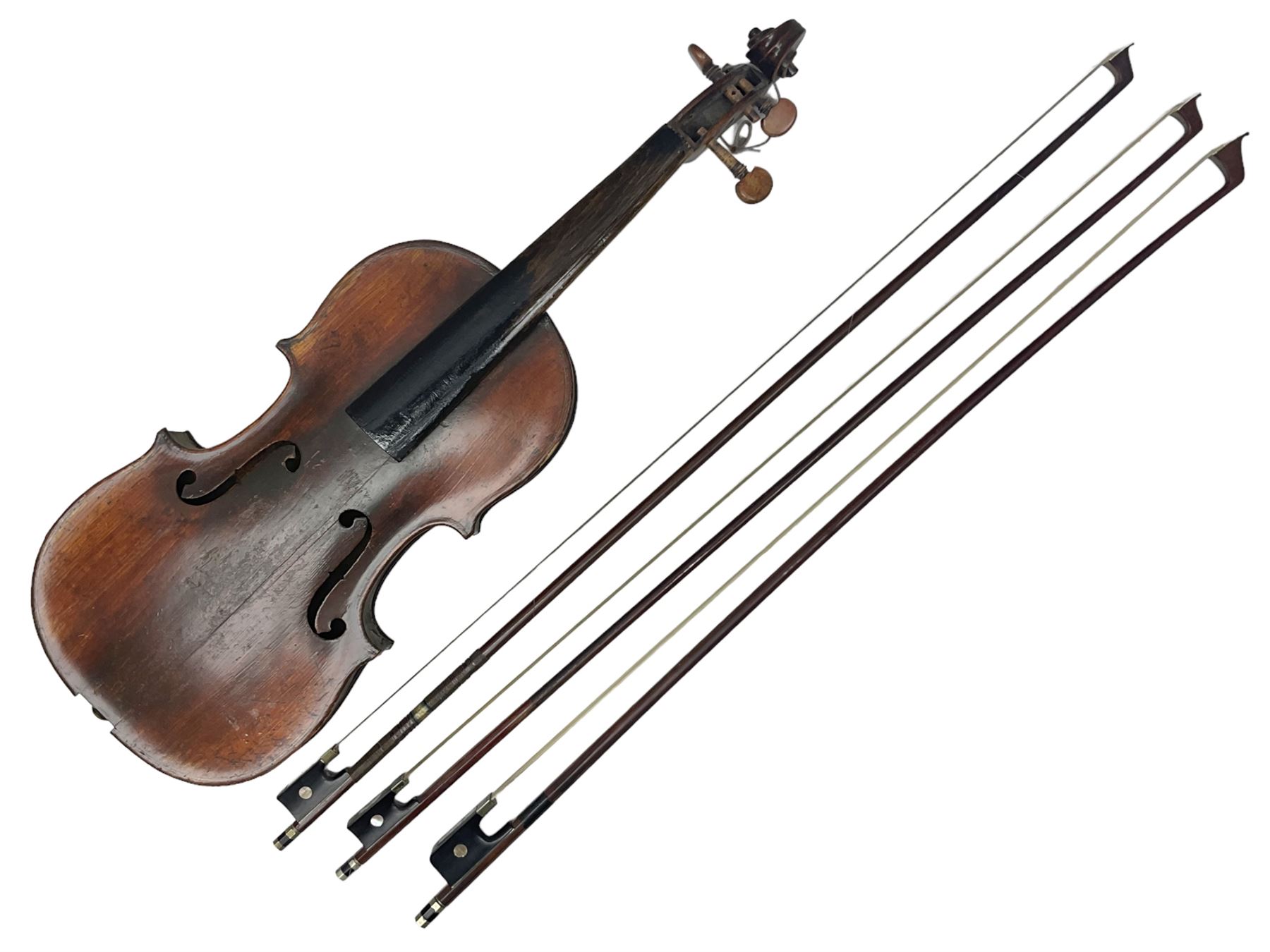 Incomplete amateur made violin c1880 for restoration and completion with 36.5cm one-piece maple back and ribs and spruce top L59.5cm; together with two brazilwood violin bows and pernambuco cello bow, all with nickel mounts (4)