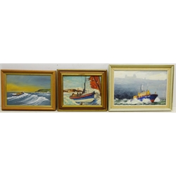  Lifeboats at Sea, three 20th century oils on board, signed by John Thompson, Bill Wedgwood and M. Watson max 28cm x 43cm (3)  