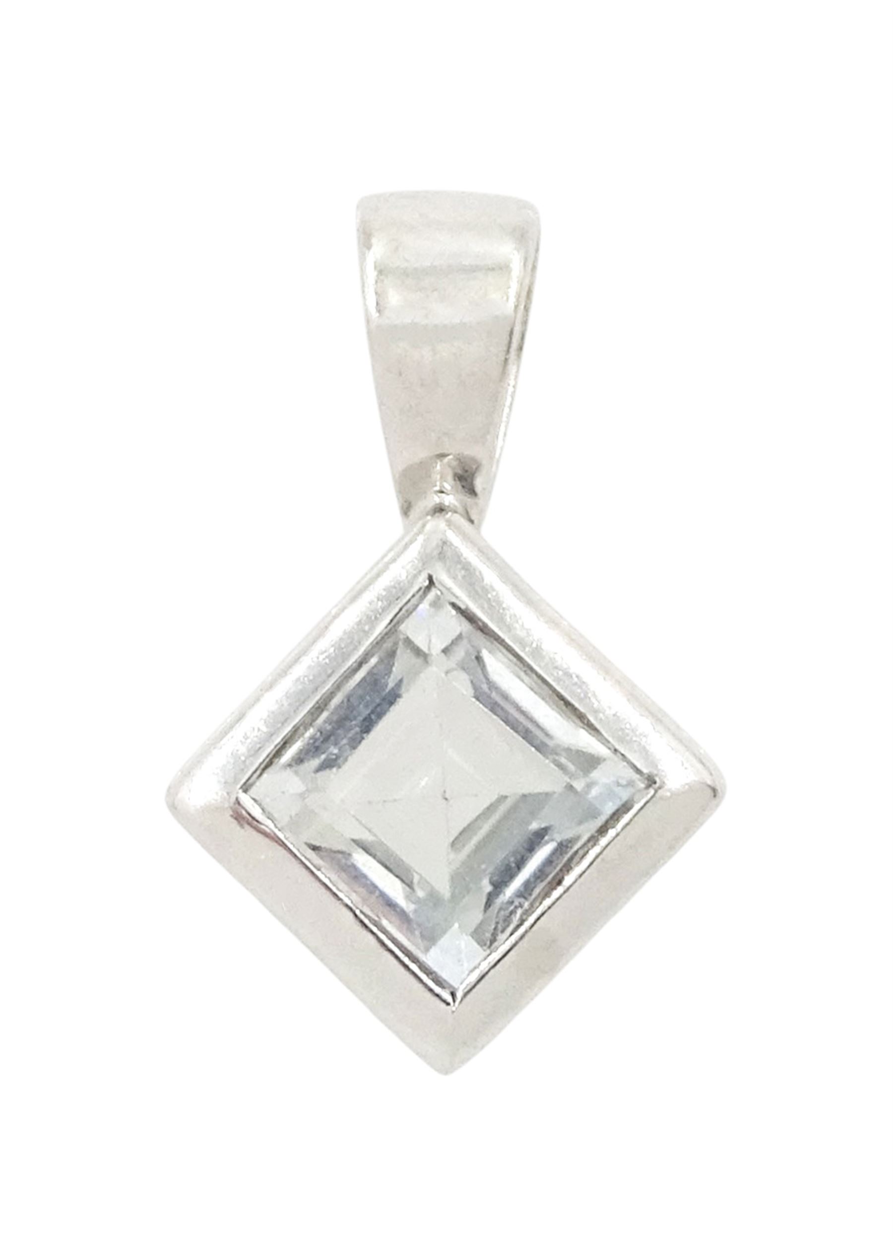 9ct white gold single stone, square cut blue topaz pendant, hallmarked