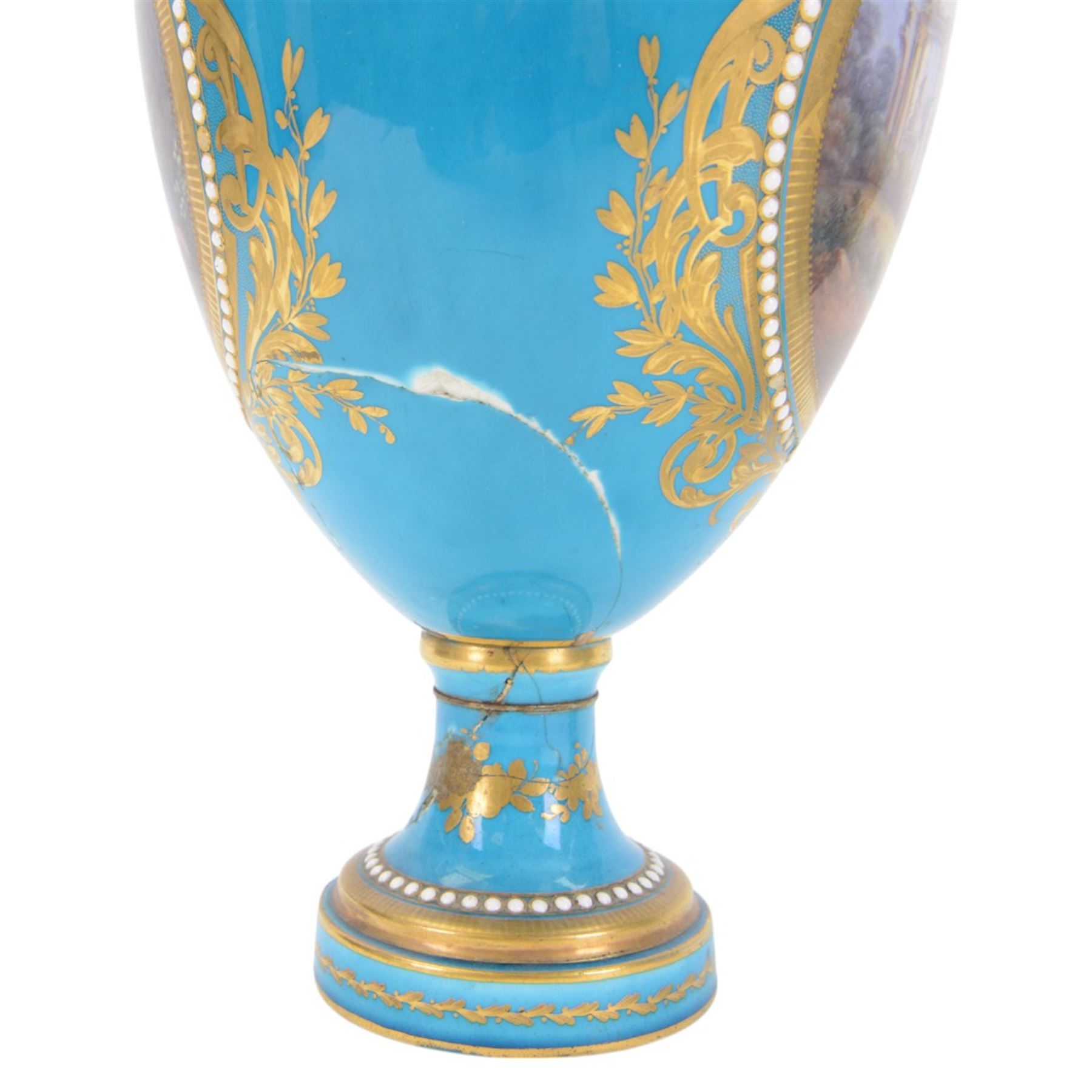 Pair of late 19th century Sevres style vases, each of urn shaped form with twin mask mounted raised handles, decorated with romantic figural and landscape panels within 'jewelled' and gilt foliate borders, with pseudo Sevres marks beneath, H35.5cm