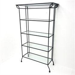 Wrought metal and glass shelving unit, four shelves, W95cm, H161cm, D41cm