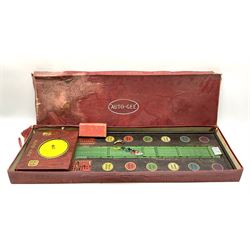 'Auto Gee' painted metal and stained wood horse racing game by Wells, London,  with some markers and horse, length 87cm