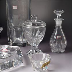 Collection of Baccarat Crystal, comprising a 'Pluton' decanter and two smaller examples, two covered condiment jars, pair of salt cellars, and an ashtray, variously boxed
