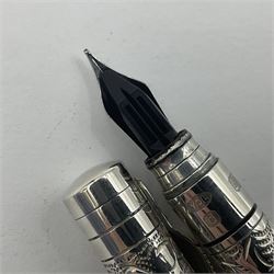 Silver Yard-o-Led Viceroy fountain pen, the foliate engraved barrel and cap hallmarked Birmingham 2003 and stamped 925, and white gold nib stamped 18K, L11cm