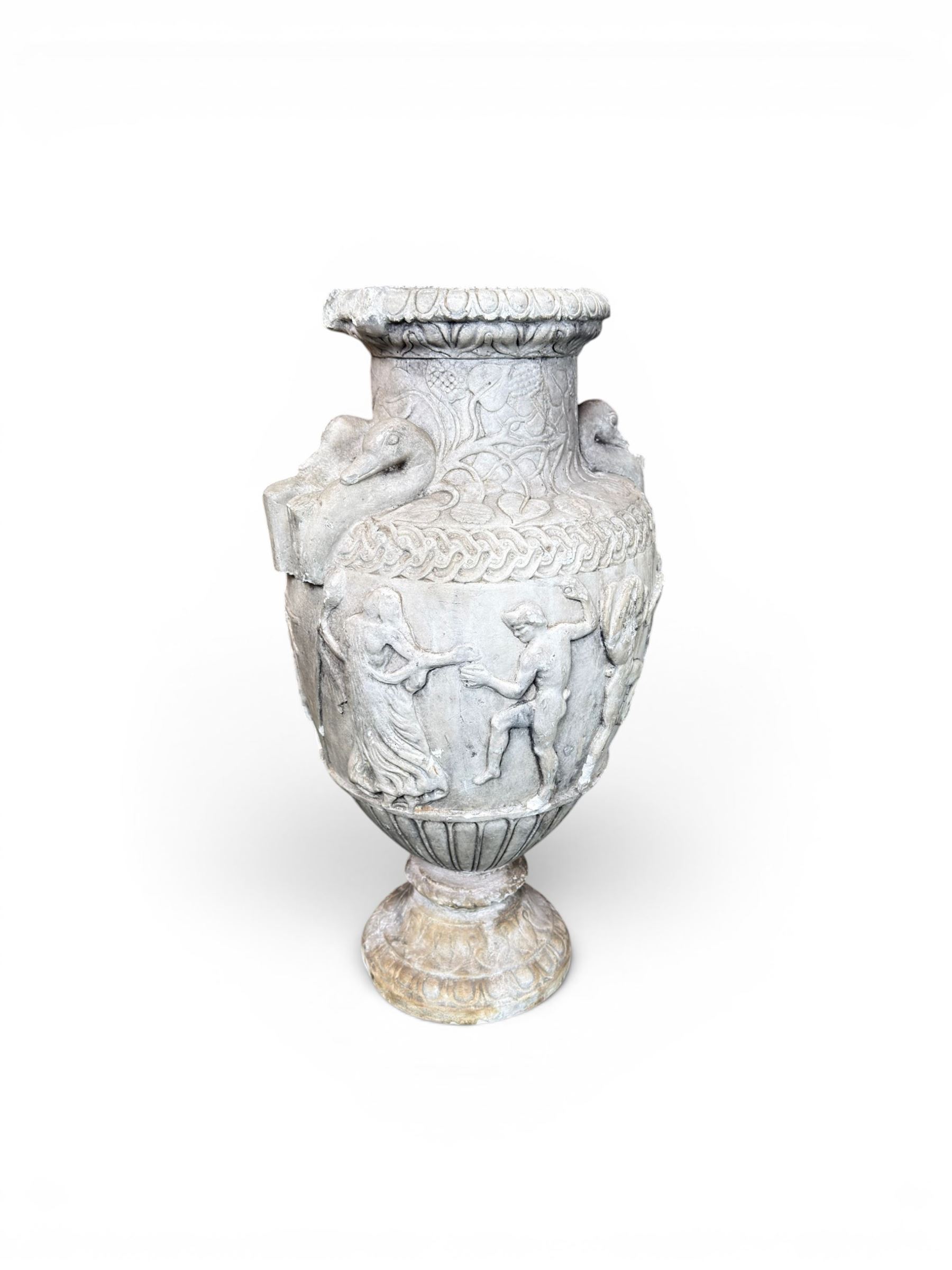 Early 20th century painted plaster classical urn, detailed with swan necks and mythical scenes