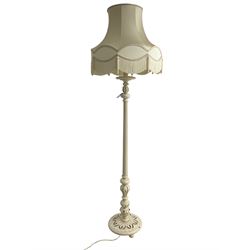 Victorian design Classical standard lamp, turned and fluted column with circular base, in cream finish, with matching fringed shade 