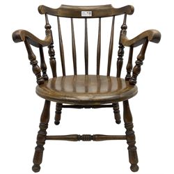 20th century stained beech armchair, stick back over penny seat, on ring turned supports
