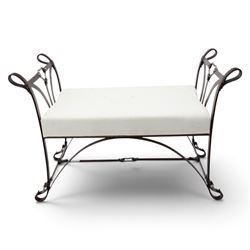 And So To Bed - 'Handel' wrought iron window seat, the rectangular upholstered seat enclosed by scrolling and arched ends with shaped uprights, on scrolling supports united by curved stretchers