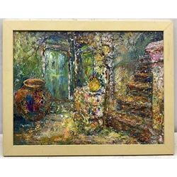 Geoffrey Stansfield (British 1933-2011): 'Courtyard in Gaios - Paxos', acrylic on board signed with initials and dated '02, titled on exhibition label verso 46cm x 60cm 
Provenance: exh. Royal Academy Summer Exhibion 2002, label verso