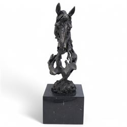 Bronze figure, modelled as a stylised horses head, upon a square marble plinth, signed and bearing foundry mark, overall H41cm